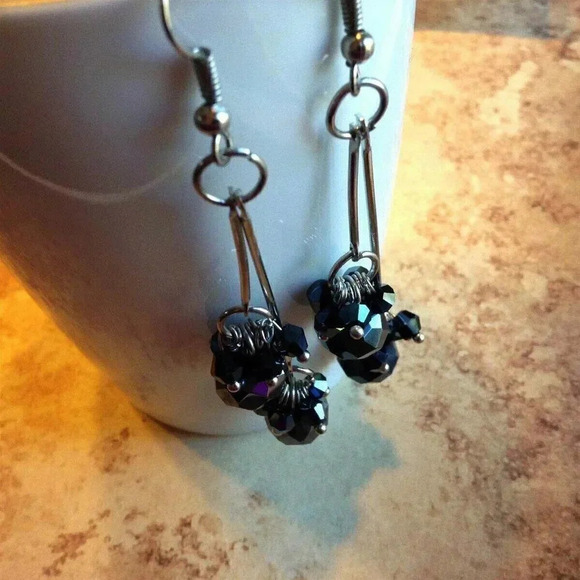 Hand Crafted Swingy Black Faceted Czech Crystal 80mm Long Double Dangle Earrings - Picture 5 of 5